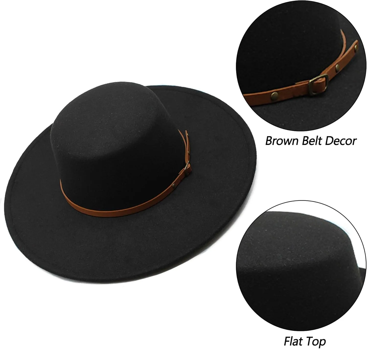 Women 3.75in-Large-Brim Felt-Fedora-Hat Flat-Top Derby-Cap Pork-Pie Boater-Hat Flat-Brim Church-Hat Wedding-Party Size:S/M