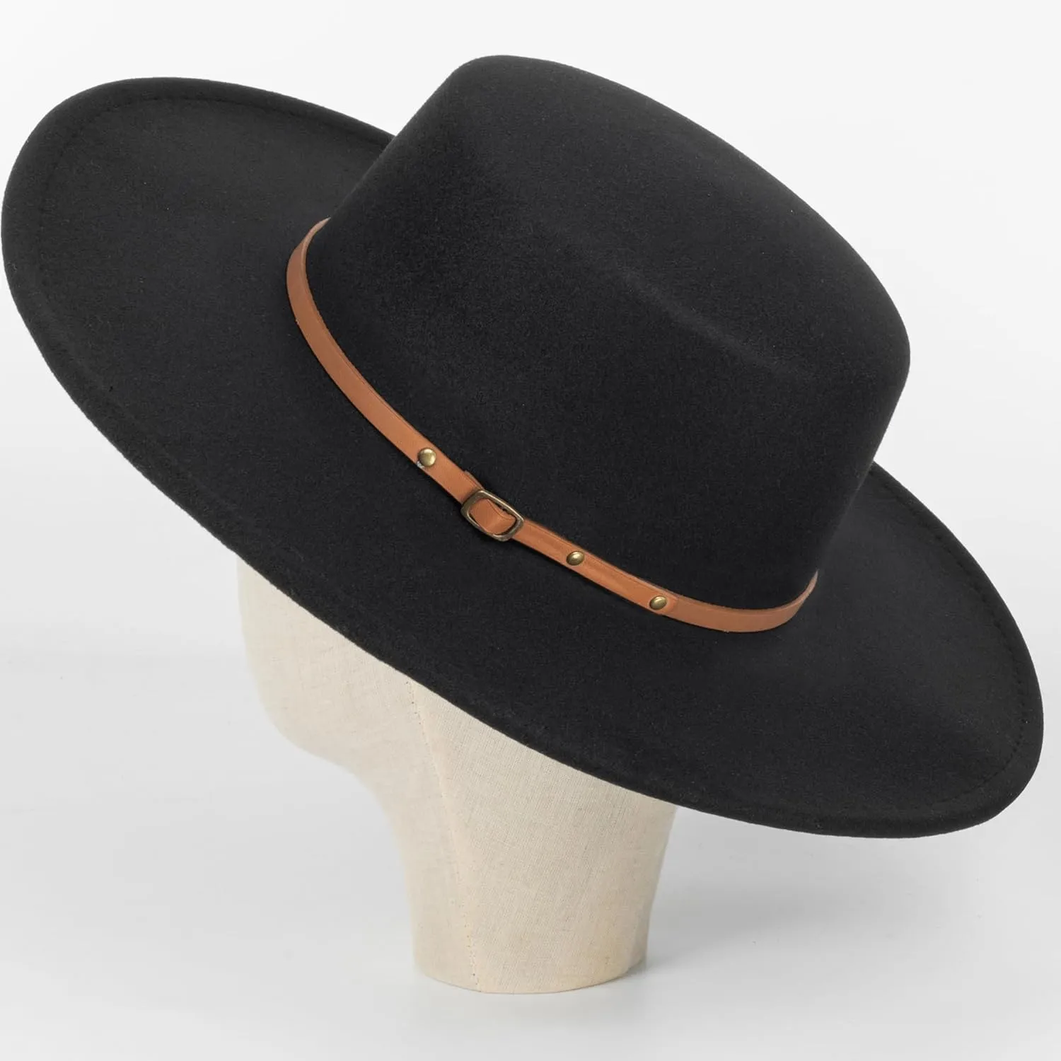 Women 3.75in-Large-Brim Felt-Fedora-Hat Flat-Top Derby-Cap Pork-Pie Boater-Hat Flat-Brim Church-Hat Wedding-Party Size:S/M