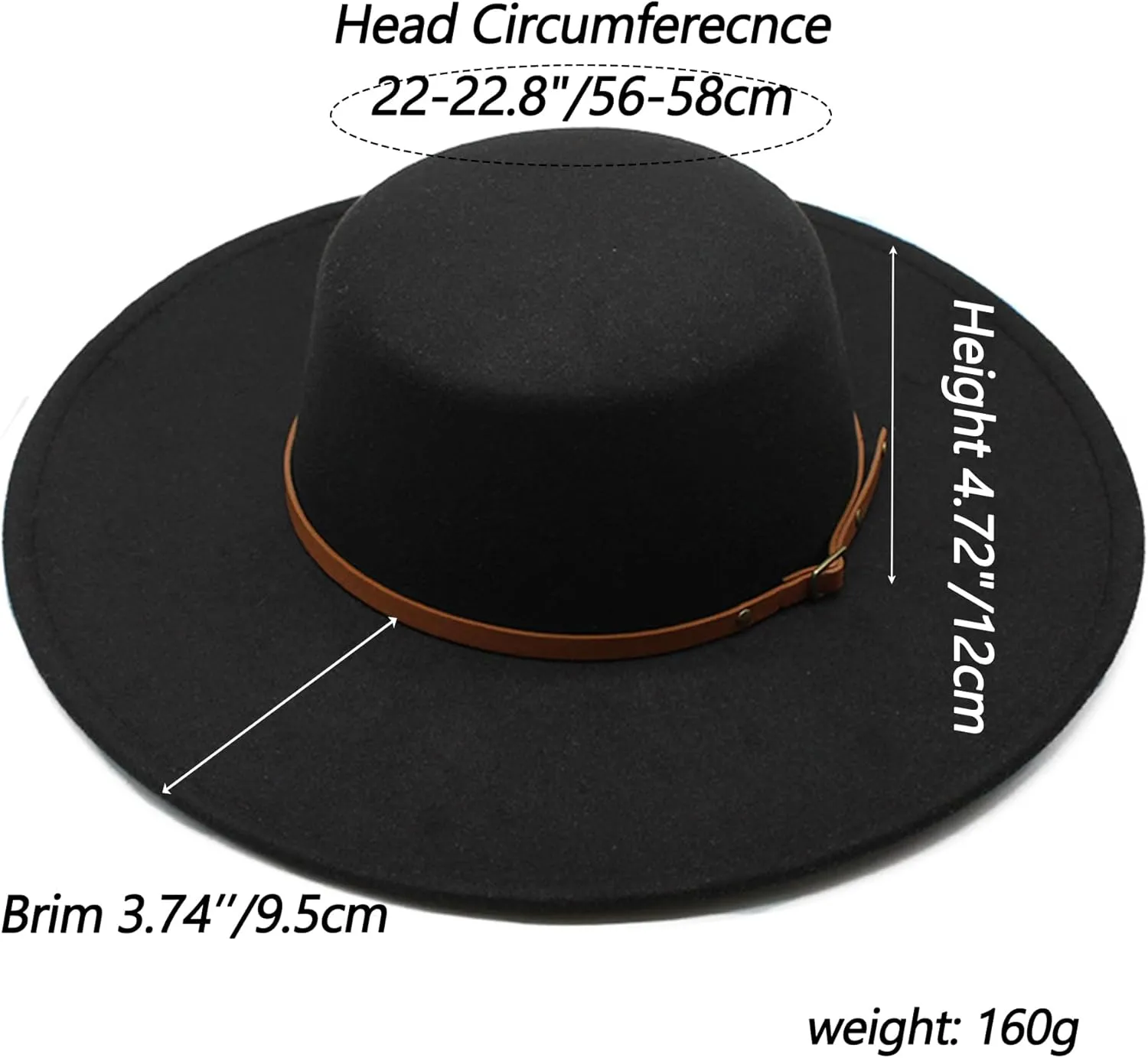 Women 3.75in-Large-Brim Felt-Fedora-Hat Flat-Top Derby-Cap Pork-Pie Boater-Hat Flat-Brim Church-Hat Wedding-Party Size:S/M
