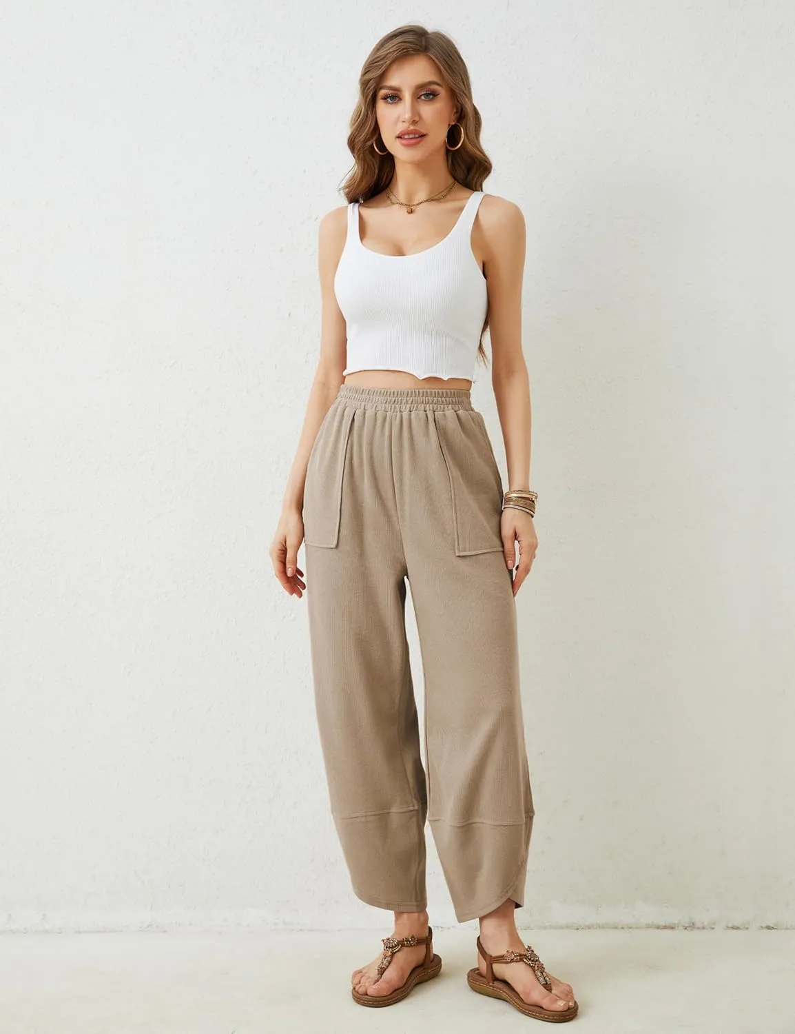 Womens Harem Pants Summer Casual 2025 Elastic Waist Palazzo Baggy Pants Wide Leg Sweatpants with Pockets