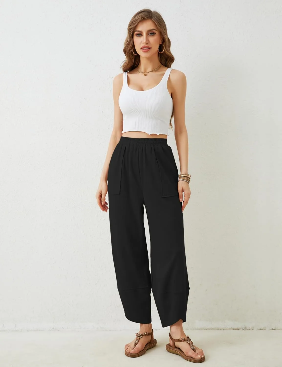 Womens Harem Pants Summer Casual 2025 Elastic Waist Palazzo Baggy Pants Wide Leg Sweatpants with Pockets