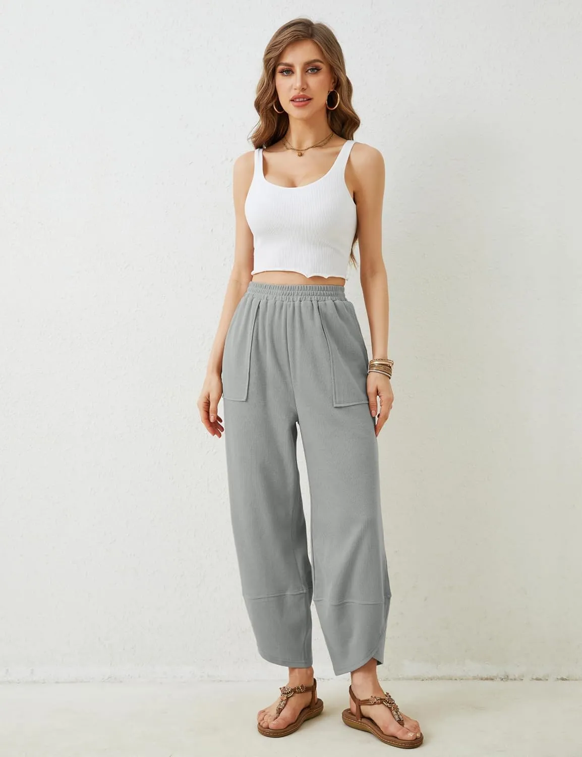 Womens Harem Pants Summer Casual 2025 Elastic Waist Palazzo Baggy Pants Wide Leg Sweatpants with Pockets