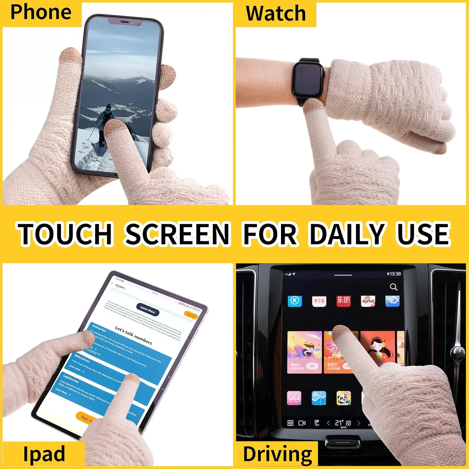 Women's Winter Warm Touch Screen Gloves Womens Thermal Cable Knit Wool Fleece Lined Glove for Cold Weather