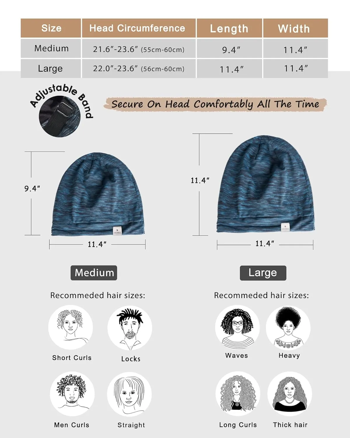 YANIBEST Silk Satin Bonnet Hair Wrap for Sleeping, Adjustable Slouchy Beanie for Women, Silk Lined for Curly Hair and Braids, Blue