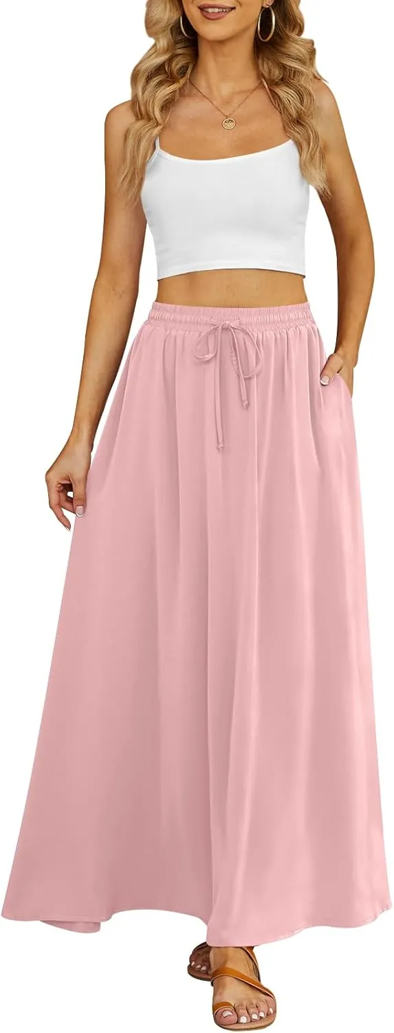 Yincro Women's Flowy Maxi Skirt Summer Pleated High Waisted Casual Long Skirts with Pockets