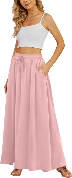 Yincro Women's Flowy Maxi Skirt Summer Pleated High Waisted Casual Long Skirts with Pockets