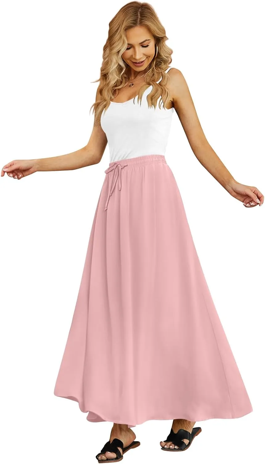 Yincro Women's Flowy Maxi Skirt Summer Pleated High Waisted Casual Long Skirts with Pockets